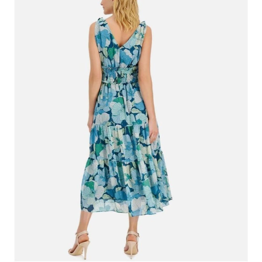 Nwt Taylor Midi Dress Women’s Size 6 Tiered Ruffle Blue Green Floral Metallic — image 2 of 8